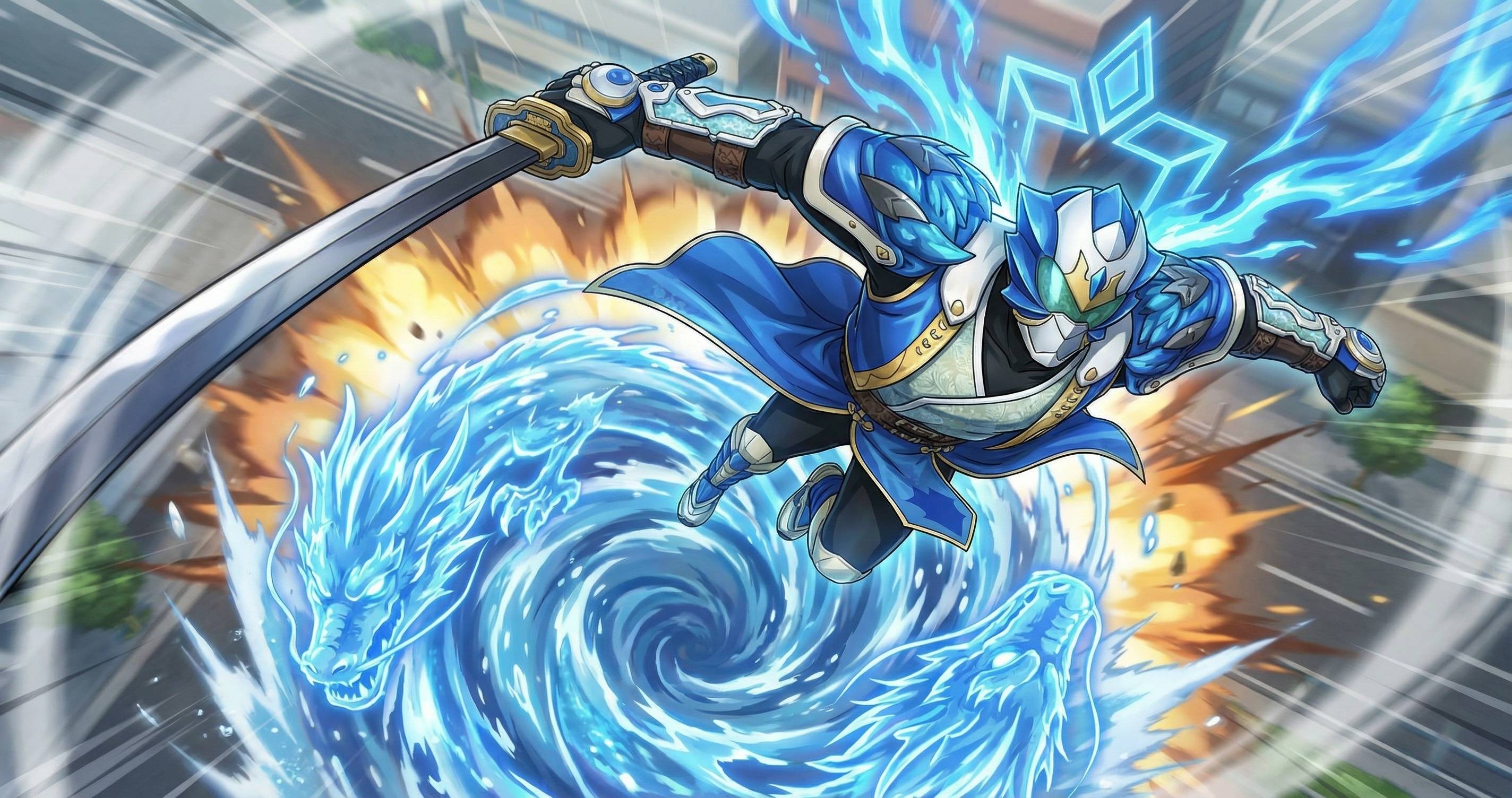 青竜神マヴェルが刀を構えて跳躍するイラスト